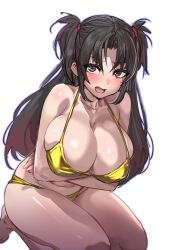 Rule 34 | 1girl, absurdres, bikini, black hair, blush, bow (bhp), breasts, cleavage, commentary request, crossed arms, gold bikini, highres, huge breasts, large breasts, long hair, looking at viewer, lower teeth only, mole, mole under eye, open mouth, original, parted bangs, red eyes, red hair, simple background, sitting, solo, swimsuit, teeth, two side up, white background