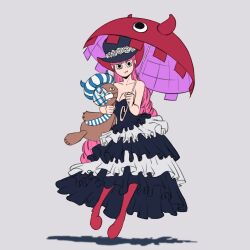 Rule 34 | 1girl, absurdres, bare shoulders, blunt bangs, boots, commentary, dress, drill hair, frilled dress, frills, full body, futz 11, hat, highres, holding, holding umbrella, kumacy, long dress, long hair, lower eyelashes only, mask, mouth mask, one piece, perona, shadow, simple background, solo, stuffed toy, umbrella