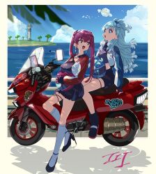 Rule 34 | 2girls, absurdres, black gloves, black shirt, black shorts, black skirt, blue eyes, blue hair, blue helmet, blue jacket, blush, breasts, character name, copyright name, crop top, ear piercing, earrings, fingerless gloves, full body, gloves, hair ornament, hasu, heart, heart earrings, heart hair ornament, helmet, heterochromia, highres, hololive, hololive indonesia, houshou marine, iii (hololive), jacket, jewelry, kobo kanaeru, large breasts, long hair, looking at another, medium breasts, midriff, motor vehicle, motorcycle, motorcycle helmet, multicolored hair, multicolored jacket, multiple girls, navel, ocean, outdoors, piercing, pleated skirt, red eyes, red hair, red helmet, red jacket, shirt, shorts, skirt, skull, stick, symbol-shaped pupils, twintails, two-tone hair, two-tone jacket, upper body, virtual youtuber, wavy hair, white hair, white jacket, yellow eyes