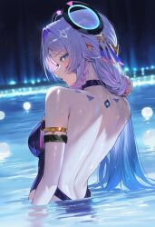 1girl back back_tattoo blue_eyes blush breasts citlali_(genshin_impact) genshin_impact highres long_hair looking_at_viewer multicolored_hair purple_hair shuraillusts solo solo_focus tattoo water