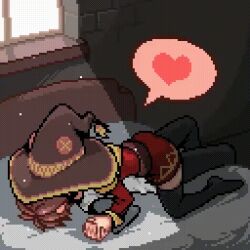 1boy 1girl animated animated_gif ass assertive_female bed brown_hair girl_on_top hat heart hetero holding_hands humping kiss kono_subarashii_sekai_ni_shukufuku_wo! lying megumin momiahair pants pixel_art satou_kazuma sexually_suggestive short_hair spoken_heart witch_hat