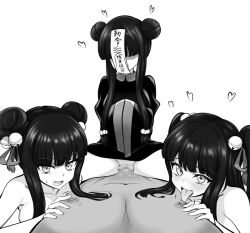 1boy 3girls bell blush chinese_clothes fangs greyscale hair_bell hair_ornament hetero jashin-chan_dropkick kyon-kyon_(jashin-chan_dropkick) licking_nipple looking_at_viewer monochrome multiple_girls nipple_stimulation no_panties ofuda ofuda_on_head open_mouth pussy ran-ran sex smile tongue tongue_out ufufuto vaginal