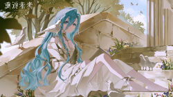 1girl 37_(reverse:1999) absurdres ancient_greek_clothes animal animal_on_shoulder anklet architecture artist_request bare_shoulders barefoot bird bird_on_shoulder blue_eyes blue_hair blue_sky book closed_mouth commission copyright_name cropped day flower from_side full_body gold_choker grass greco-roman_architecture greco-roman_clothes hair_between_eyes highres holding holding_book jewelry logo long_hair looking_at_viewer off_shoulder open_book outdoors reverse:1999 second-party_source sitting sitting_on_stairs sky smile solo stairs stone_stairs tree very_long_hair white_bird