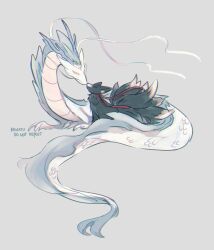 animal_focus animalization artist_name claws closed_eyes closed_mouth dated dragon eastern_dragon fox full_body grey_background implied_yaoi kiss kitsune kyuubi lan_wangji looking_at_another lying minataka94 modao_zushi multiple_tails no_humans red_ribbon ribbon simple_background sitting smile tail wei_wuxian white_dragon