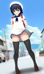1girl 3d backpack bag black_thighhighs blue_sky breasts building clothes_lift cloud day dress dress_lift dutch_angle female_focus from_below gluteal_fold hat highres looking_down original outdoors panties pantyshot parted_lips randoseru school_uniform serafuku shadow short_hair short_sleeves sky small_breasts solo standing striped_clothes striped_panties taii_(tng1014) thighhighs underwear vehicle white_dress white_hat wind wind_lift
