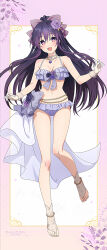 1girl absurdres bare_shoulders bikini bow breasts bridal_legwear cleavage date_a_live flower frilled_bikini frills full_body hair_bow hair_flower hair_ornament highres long_hair looking_at_viewer medium_breasts navel official_alternate_costume official_art open_mouth purple_eyes purple_hair smile solo swimsuit third-party_source yatogami_tohka