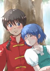 Rule 34 | 1boy, 1girl, black hair, blue eyes, blue hair, blush, braid, chinese clothes, couple, closed eyes, hanamutsuki, ranma 1/2, saotome ranma, school uniform, short hair, single braid, sleeping, tendou akane