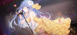 1girl bare_shoulders blue_eyes blue_hair blush breasts cleavage date_a_live date_a_live:_spirit_pledge dress dutch_angle flower game_cg hair_flower hair_ornament heart izayoi_miku long_hair medium_breasts microphone official_art one_eye_closed smile solo third-party_source yellow_dress