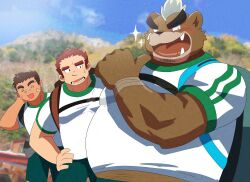 3boys ^_^ animal_ears ashigara_(housamo) bandaid bara bear_boy bear_ears beard blush brown_fur brown_hair closed_eyes cowboy_shot facial_hair fang fat fat_man full_beard furry furry_male goatee highres huge_eyebrows looking_at_viewer male_focus midriff_peek multiple_boys muscular muscular_male nakatsugi_kyuuma pointing pointing_at_self rubbing_nose short_hair sparkle sparse_navel_hair sportswear standing suna_sand1 sweat tamamura_gunzo thick_eyebrows tokyo_houkago_summoners