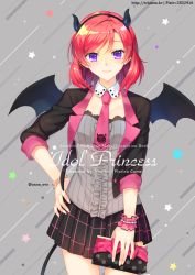 1girl artist_name bad_id bad_pixiv_id black_hairband black_skirt black_wings box bracelet breasts character_name choker cleavage copyright_name cowboy_shot demon_wings fake_horns female_focus gift gift_box grey_background grey_shirt hairband hand_on_own_hip holding holding_box horns jewelry long_hair looking_at_viewer love_live! love_live!_school_idol_festival love_live!_school_idol_project medium_breasts miniskirt necktie nishikino_maki pink_necktie pleated_skirt polka_dot purple_eyes red_hair shirt skirt smile solo standing tail trianon watermark web_address wings wrist_cuffs