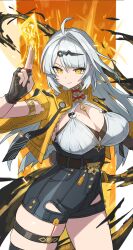 1girl ahoge breasts cleavage cowboy_shot fingerless_gloves gloves hair_ornament high-waist_shorts highres holding_ofuda jacket large_breasts long_hair moda_sansy0 shorts single_fingerless_glove single_hair_intake smile white_hair yellow_eyes yellow_jacket yin_yang_pin yixuan_(zenless_zone_zero) zenless_zone_zero
