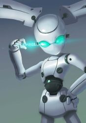 Rule 34 | 1girl, character name, colored skin, drossel von flugel, fireball (series), glowing, glowing eyes, green eyes, hand on own hip, humanoid robot, joints, mechanical hair, no mouth, pochi (hiroe keisuke), robot, robot girl, robot joints, solo, twintails, white skin