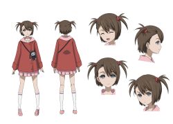 1girl bad_tag blue_eyes brown_hair character_design closed_eyes closed_mouth coat from_behind frown full_body hair_ornament highres kneehighs long_sleeves miniskirt multiple_views official_art open_mouth pink_shoes pleated_skirt red_coat shoes short_hair short_twintails skirt smile socks steins;gate steins;gate_0 tennouji_nae tongue transparent_background twintails white_socks