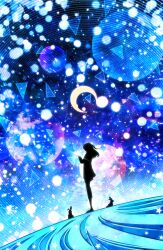 1girl absurdres blue_theme commentary constellation crescent_moon hand_up harada_miyuki highres hololive hoshimachi_suisei medium_hair moon planet planetarium rabbit silhouette sky solo standing star_(sky) star_(symbol) starry_sky triangle virtual_youtuber wide_shot