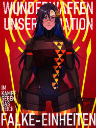 1girl absurdres armor black_hair black_skin blue_eyes blue_hair colored_inner_hair colored_skin commentary dual_wielding expressionless falke_(signalis) forehead_jewel german_text highres holding holding_polearm holding_weapon humanoid_robot joints laurel_crown long_hair looking_at_viewer metal_skin multicolored_hair patreon_username polearm propaganda robot robot_joints signalis signature solo standing translated triangle_print twitter_username two-tone_hair weapon wide_hips xuuikie_ashe