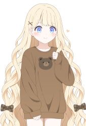 1girl animal_print bear_print black_bow blonde_hair blue_eyes bow brown_sweater clenched_hand closed_mouth cowboy_shot hair_bow hair_ornament heart highres long_hair long_sleeves looking_at_viewer original polka_dot polka_dot_bow san_nana simple_background sleeves_past_wrists smile solo sweater very_long_hair white_background x_hair_ornament
