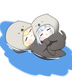 Rule 34 | 2girls, :3, absurdres, afloat, blonde hair, blue streaks, blush, chibi, chibi only, closed eyes, cuddling, gawr gura, grey hair, highres, hololive, hololive english, lying, multicolored hair, multiple girls, on back, otter costume, smol ame, smol gura, streaked hair, ugaaaa1, virtual youtuber, water, watson amelia