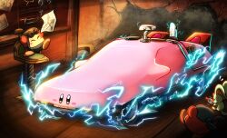 back_to_the_future bandana bandana_waddle_dee blue_bandana blush blush_stickers car car_mouth closed_eyes commentary_request ddddndn delorean electricity elfilin flying_sweatdrops hammer highres holding holding_hammer holding_paper holding_stopwatch indoors kirby kirby_(series) kirby_and_the_forgotten_land motor_vehicle mouthful_mode nintendo no_humans paper stopwatch watch weapons-shop_waddle_dee wooden_floor