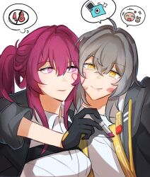 2girls black_gloves black_jacket closed_mouth collared_shirt commentary_request content_rating cosmetics gloves grey_hair heart highres holding holding_lipstick_tube honkai:_star_rail honkai_(series) jacket kafka_(honkai:_star_rail) korean_commentary lipstick lipstick_mark lipstick_mark_on_face lipstick_tube long_hair looking_at_another makeup multiple_girls purple_eyes purple_hair shirt simple_background smeared_lipstick smile speech_bubble spoken_object stelle_(honkai:_star_rail) str_shu thought_bubble trailblazer_(honkai:_star_rail) upper_body white_background white_shirt yellow_eyes yuri