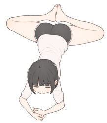 1girl 1ssakawaguchi absurdres ahoge ass bare_legs barefoot black_hair black_shorts bob_cut closed_eyes commentary english_commentary feet grey_eyes highres ichika_(1ssakawaguchi) knees_apart_feet_together legs light_blush lying on_stomach original shirt short_hair short_shorts short_sleeves shorts simple_background soles solo t-shirt toes white_background