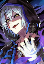 Rule 34 | 1boy, aura, birthday, black capelet, black sclera, capelet, colored sclera, dark aura, dated, fingerless gloves, gloves, hair between eyes, hand up, highres, hood, hood up, hooded capelet, kiryu kyosuke, kuroda (kuro yyy), male focus, open mouth, portrait, red shirt, shirt, smile, solo, teeth, upper teeth only, white gloves, white hair, yellow eyes, yu-gi-oh!, yu-gi-oh! 5d&#039;s