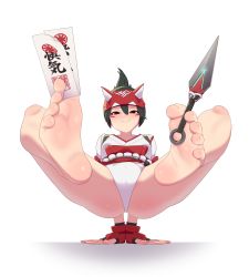 1girl barefoot between_toes blush breasts brown_eyes cameltoe closed_mouth commentary_request crotch facepaint feet fingerless_gloves foot_focus foreshortening fox_mask full_body glint gloves green_hair hair_between_eyes half_mask handstand japanese_clothes kimono kiriko_(overwatch) kunai legs legs_up looking_at_viewer maidforge mask mask_on_head medium_hair ofuda overwatch overwatch_2 panties red_gloves rope_belt short_kimono simple_background small_breasts smile smug soles solo toes topknot underwear weapon white_background white_kimono white_panties