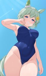 1girl aircraft airplane animal_ears armpits blue_eyes blue_sky breasts contrail covered_navel cowboy_shot gluteal_fold grey_hair grin hair_between_eyes heavy_breathing highres horse_ears horse_girl horse_tail light_rays linea_alba looking_at_viewer medium_breasts one-piece_swimsuit paid_reward_available seiun_sky_(umamusume) short_hair sky smile solo steaming_body sunbeam sunlight sweat swimsuit tail thigh_gap tsubame_tien umamusume