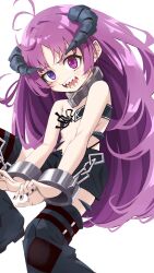1girl antenna_hair bandeau bare_shoulders black_bandeau black_boots black_nails black_shorts boots broken broken_chain chain collar commentary_request cuffs curved_horns demon_girl demon_horns flat_chest grey_collar heterochromia highres horns kishirika_kishirisu long_hair looking_at_viewer metal_collar mushoku_tensei open_mouth pink_eyes purple_eyes purple_hair seriro00112 shackles sharp_teeth short_shorts shorts simple_background solo teeth thigh_boots very_long_hair white_background