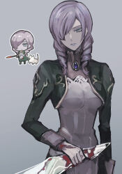 1girl blood blood_on_clothes blood_on_hands bloody_weapon blue_lips chibi daniella demento drill_hair expressionless gem glass_shard grey_background grey_eyes hair_over_one_eye hewie holding holding_glass_shard holding_weapon lipstick makeup medium_hair miichinori purple_hair smile solo twin_drills upper_body weapon