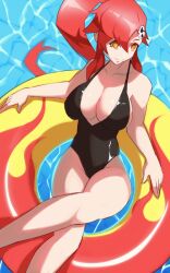 1girl bare_shoulders black_one-piece_swimsuit breasts cleavage crossed_legs day flame_print hair_ornament highleg highleg_one-piece_swimsuit highres innertube large_breasts long_hair looking_at_viewer navel one-piece_swimsuit outdoors ponytail pool red_hair skull_hair_ornament smile solo swim_ring swimsuit tengen_toppa_gurren_lagann ura_dora water yellow_eyes yoko_littner