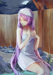 1girl breasts cloud commentary_request commission fate/grand_order fate_(series) fence full_moon koimizu long_hair moon naked_towel night night_sky onsen purple_eyes purple_hair sitting skeb_commission sky small_breasts solo stheno_(fate) towel towel_on_head twintails very_long_hair wet
