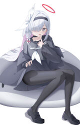 1girl :d absurdres black_coat black_hairband black_pantyhose black_sailor_collar black_serafuku black_shirt black_shoes black_skirt blue_archive blunt_bangs blush bow braid clothes_lift coat colored_inner_hair commentary dere_mono_j eyelashes eyes_visible_through_hair finger_to_mouth full_body grey_eyes hair_bow hair_over_one_eye hairband halo hand_up hands_up highres index_finger_raised knees_together_feet_apart lifting_own_clothes loafers loli long_bangs long_hair long_sleeves looking_at_viewer making-of_available mismatched_pupils multicolored_hair neckerchief open_clothes open_coat open_mouth pantyhose pink_hair plana_(blue_archive) pleated_skirt red_halo red_pupils sailor_collar school_uniform serafuku shirt shoes simple_background single_braid sitting skirt skirt_lift smile solo straight_hair tsurime very_long_hair white_background white_bow white_hair white_neckerchief wide_sleeves