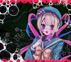 Rule 34 | 1girl, :d, beret, blonde hair, blue eyes, blue hair, blue serafuku, border, bubble, chest bow, chouzetsusaikawa tenshi-chan, colored tips, commentary request, hat, highres, index finger raised, looking at viewer, multicolored hair, multiple hat bows, needy girl overdose, open mouth, ornate border, osakana tarou (sakana0 03), pink hair, quad tails, school uniform, serafuku, smile, solo, upper body
