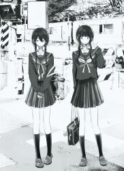 2girls absurdres bag braid greyscale highres holding holding_bag hos1_i kneehighs loafers long_hair looking_at_viewer low_twin_braids low_twintails monochrome multiple_girls neckerchief original outdoors pleated_skirt sailor_collar school_bag school_uniform serafuku shirt shoes shoulder_bag skirt socks twin_braids twintails