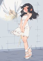 Rule 34 | 1girl, absurdres, between legs, black hair, blush, closed eyes, collarbone, commentary request, dress, embarrassed, flat chest, hand between legs, have to pee, highres, large variant set, long hair, multiple views, open mouth, original, pee, pee stain, peeing, peeing self, rune (dualhart), sandals, standing, toes, variant set, white dress, white sandals