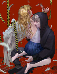Rule 34 | 1boy, 1girl, absurdres, angel, blonde hair, blood, blood on face, broken glass, caution tape, commentary, english commentary, falling feathers, feathered wings, feathers, glass, highres, long hair, original, pleated skirt, plucked feathers, red background, skirt, vijoux, white feathers, wings