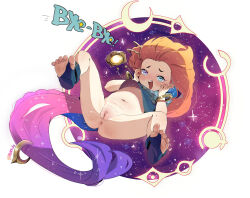 1girl ass barefoot blue_shirt bracelet bug butterfly crop_top feet gluteal_fold gradient_hair green_scarf hair_ornament hands_on_own_face heterochromia hottodg insect jewelry league_of_legends loli long_hair multicolored_eyes multicolored_hair navel nipples open_mouth pendant portal_(object) pussy pussy_juice scarf shirt simple_background smile solo space spread_legs stirrup_footwear white_background zoe_(league_of_legends)