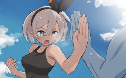 1girl absurdres bare_shoulders bea_(pokemon) black_bodysuit black_hairband blue_eyes blue_sky bodysuit breasts cloud collarbone dark-skinned_female dark_skin fighting_stance gen_1_pokemon grey_hair hair_between_eyes hairband highres looking_at_viewer machamp medium_breasts nintendo open_mouth outdoors pokemon pokemon_(creature) pokemon_swsh short_hair sky sweat sweatdrop tsuneshima upper_body