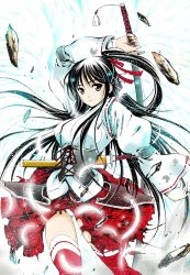 1girl adapted_costume bad_id bad_pixiv_id black_hair brown_eyes feathers female_focus halftone highres japanese_clothes katana long_hair miko moonsorrow original panties red_legwear solo sword torn_clothes underwear very_long_hair weapon