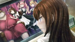 1boy 3girls akiha_rumiho alternate_costume angry animal_ears apron armchair back_bow bathrobe belt_around_waist belt_buckle beret black_skirt blonde_hair blush bow breasts brown_hair buckle buttons cat_ears chair clenched_teeth closed_eyes coat collar collarbone dress drill_hair embarrassed enmaided evil_grin evil_smile eyelashes fake_animal_ears fang fantasy fat fat_man fingernails frilled_collar frilled_dress frilled_hairband frilled_skirt frills from_behind from_side furious game_cg glasses grin hair_between_eyes hair_over_shoulder hairband hand_on_another&#039;s_shoulder hand_up happy harem hashida_itaru hat head_tilt highres huke lab_coat leaning_to_the_side long_hair long_skirt looking_at_another maid maid_apron maid_headdress makise_kurisu mayqueen_maid_uniform medium_breasts monitor multiple_girls official_art opaque_glasses open_mouth parted_lips paw_pose pervert pink_eyes pink_hair pink_lips puffy_short_sleeves puffy_sleeves red_ribbon ribbon ribbon-trimmed_collar ribbon-trimmed_corset ribbon-trimmed_hairband ribbon-trimmed_sleeves ribbon_trim ringed_eyes shiina_mayuri shiny_lips short_sleeves sitting skirt small_breasts smile square_pupils standing steins;gate steins;gate:_my_darling&#039;s_embrace teeth tongue tsurime twin_drills twintails v-shaped_eyebrows white_apron white_bow white_coat white_dress wrist_cuffs yellow_hat