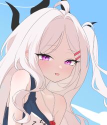 1girl ahoge alternate_costume blue_archive blush breasts halo hina_(blue_archive) hina_(swimsuit)_(blue_archive) loli long_hair looking_at_viewer mata_ashita off_shoulder official_alternate_hairstyle old_school_swimsuit purple_eyes school_swimsuit small_breasts solo swimsuit whistle whistle_around_neck white_hair