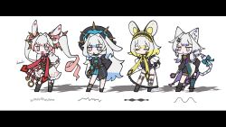 4girls animal_ears aroshi_ygo_0 artist_name blonde_hair blue_hair chibi closed_eyes duel_monster gradient_hair hair_intakes hair_ornament highres maliss_&lt;p&gt;_chessy_cat maliss_&lt;p&gt;_dormouse maliss_&lt;p&gt;_march_hare maliss_&lt;p&gt;_white_rabbit multicolored_hair multiple_girls open_mouth pink_hair purple_hair see-through_clothes showgirl_skirt standing tail twintails white_hair yu-gi-oh! yu-gi-oh!_master_duel
