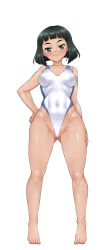 1girl black_hair blush breasts breasts_apart closed_mouth covered_navel full_body girls_und_panzer green_eyes hand_on_own_hip highleg looking_at_viewer medium_breasts nishihara_yasoko one-piece_swimsuit shiromitsu_suzaku short_hair simple_background smile solo swimsuit white_background white_one-piece_swimsuit
