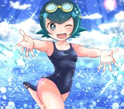 1girl animal_print ayuyu_lament blue_eyes blue_hair blue_one-piece_swimsuit blue_sandals blue_school_swimsuit blush breasts cloud collarbone creatures_(company) eyewear_on_head fish_print flip-flops game_freak goggles goggles_on_head lana_(pokemon) light_rays looking_at_viewer nintendo ocean one-piece_swimsuit one_eye_closed open_mouth pokemon pokemon_sm print_swimsuit sandals school_swimsuit short_hair sky small_breasts smile sparkle splashing standing standing_on_one_leg sun sunbeam sunlight swim_goggles swimsuit water wet wink