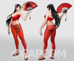 1girl bare_shoulders black_hair breasts capcom copyright_notice crop_top fatal_fury folding_fan full_body hair_ornament hand_fan holding holding_fan large_breasts long_hair official_alternate_costume official_alternate_hairstyle official_art pants red_pants reference_sheet sandals shiranui_mai solo straight_hair strapless street_fighter street_fighter_6 takayuki_nakayama tube_top