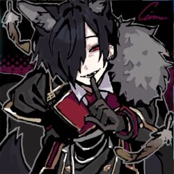 Rule 34 | 1boy, alternate eye color, animal ears, black background, black coat, black gloves, black hair, chino (sky tanosi), coat, commentary request, cowboy shot, dog boy, dog ears, dog tail, ear piercing, finger to mouth, gloves, hair over one eye, hand on own hip, looking at viewer, male focus, original, piercing, pink background, red eyes, solo, standing, tail