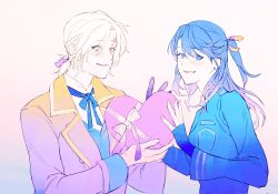 Rule 34 | 1boy, 1girl, absurdres, allen walker, badge, black order uniform, blue background, blue eyes, blue theme, blush, bow, box, coat, collared coat, colored extremities, d.gray-man, earrings, facial mark, fingerless gloves, forehead mark, gloves, gradient background, hair between eyes, hair over shoulder, hair ribbon, heart, heart-shaped box, heterochromia, highres, holding, holding box, jacket, jewelry, kaliumxxx, lenalee lee, long hair, long sleeves, looking at viewer, low ponytail, medium hair, military, military uniform, parted lips, pink background, pink box, pink eyes, ponytail, purple eyes, purple ribbon, purple theme, ribbon, scar, scar across eye, scar on face, shirt, sidelocks, smile, star (symbol), star facial mark, striped clothes, striped coat, striped jacket, stud earrings, trench coat, two side up, vertical-striped coat, vest, white background, white hair, white shirt, wide sleeves, yellow coat, yellow ribbon
