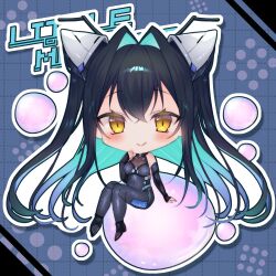 17ho_10ban 1girl bare_shoulders black_hair chibi chibi_only colored_inner_hair commentary_request eyelashes fingerless_gloves gloves goddess_of_victory:_nikke hair_between_eyes highres little_mermaid_(nikke) long_hair looking_at_viewer multicolored_hair sitting solo very_long_hair yellow_eyes