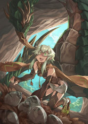 1girl :d all_fours ankle_boots bad_id bad_pixiv_id bare_shoulders boots breasts brown_cape brown_gloves brown_thighhighs cape cave day dragon dutch_angle egg elbow_gloves fang fingerless_gloves gloves green_eyes green_hair grey_shorts hair_tubes high_heels highres kazuha_(shichigatsu) long_hair medium_breasts navel nest open_mouth original outdoors pale_eye shichigatsu shorts sidelocks smile solo sparkle sweatdrop thief thighhighs