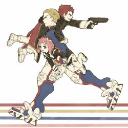 00s 1girl 2boys bad_id bad_pixiv_id blonde_hair carrying carrying_over_shoulder carrying_under_arm cyborg gun jr. kutta limited_palette momo_mizrahi multiple_boys pink_hair red_hair shoulder_carry weapon xenosaga ziggy